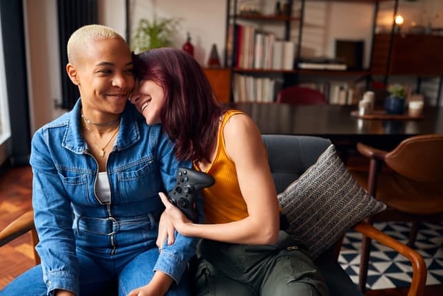 a lesbian couple at home